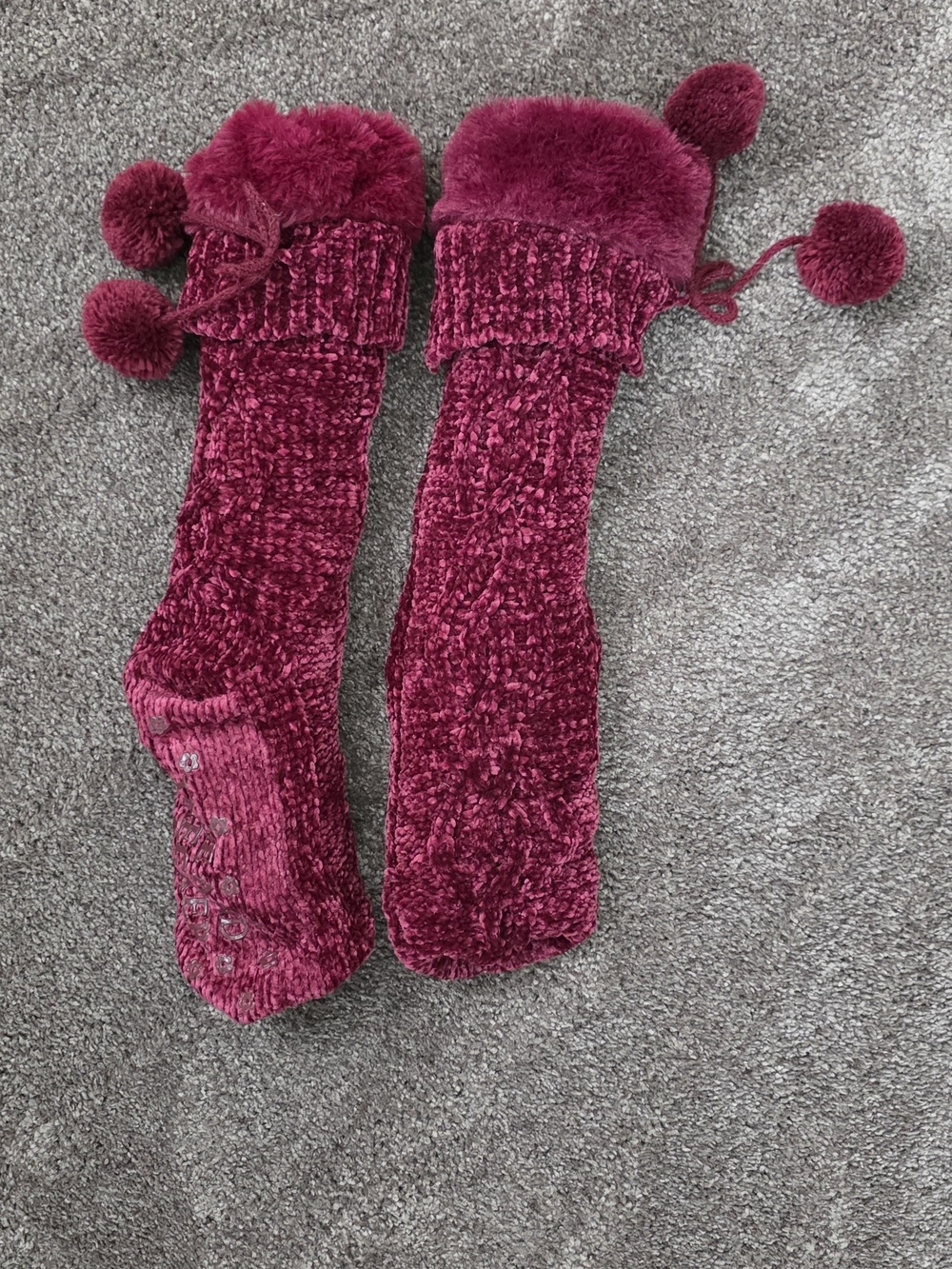 Cozy Plush Pom-Pom Over-the-Calf Socks - Burgundy